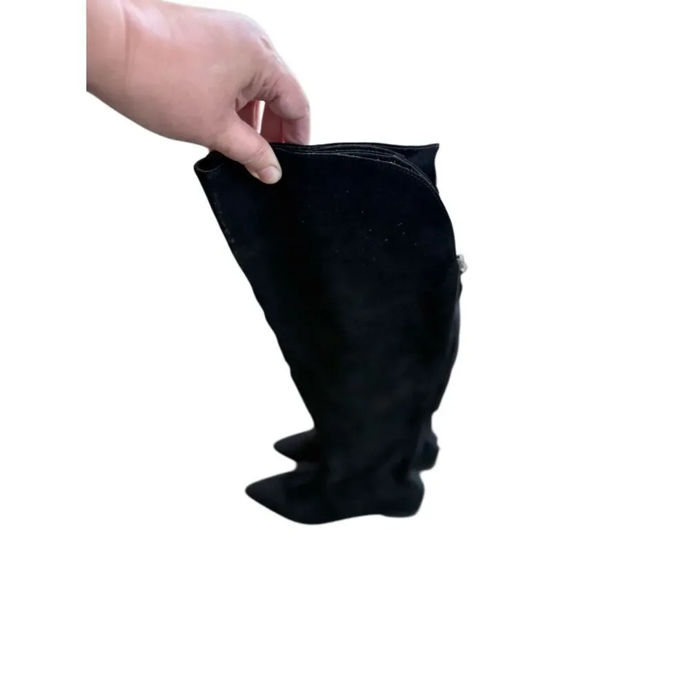 Talbots Womens Black Suede Cuffed Pointed Toe Low Block Heel Tall Boots Size 8B